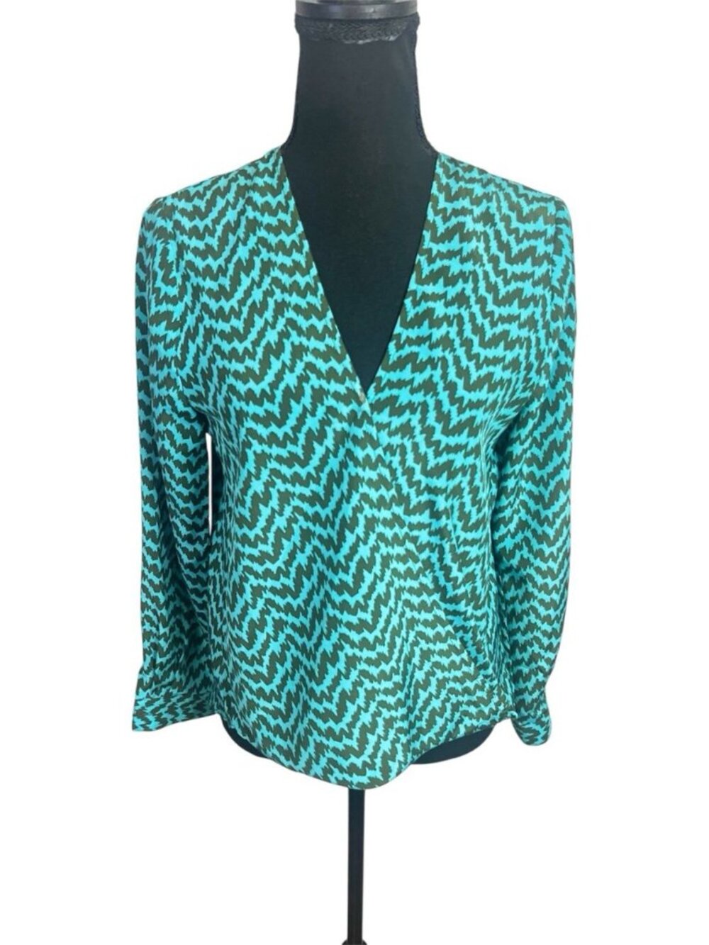 Ellie Kai Silk Wavy Chevron Wrap Blouse Sz2 Bohemian Office Stretch Teal Black